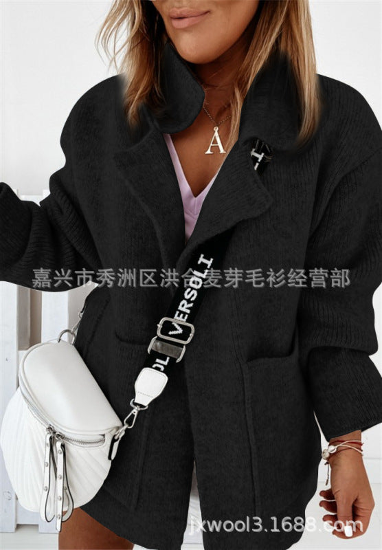 Women's suit collar large pockets loose knitted cardigan - FashionistaDeal