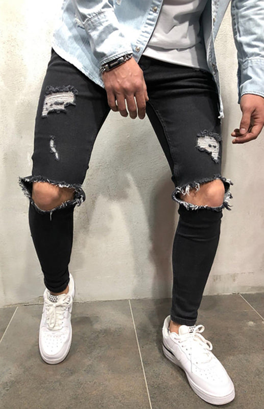 Men's Fashion Mid Waist Ripped Slim Jeans - FashionistaDeal