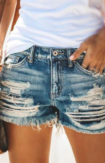 Women's High-Waisted, Fringed, Cut-Out Denim Shorts - FashionistaDeal