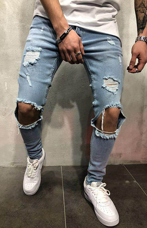 Men's Fashion Mid Waist Ripped Slim Jeans - FashionistaDeal