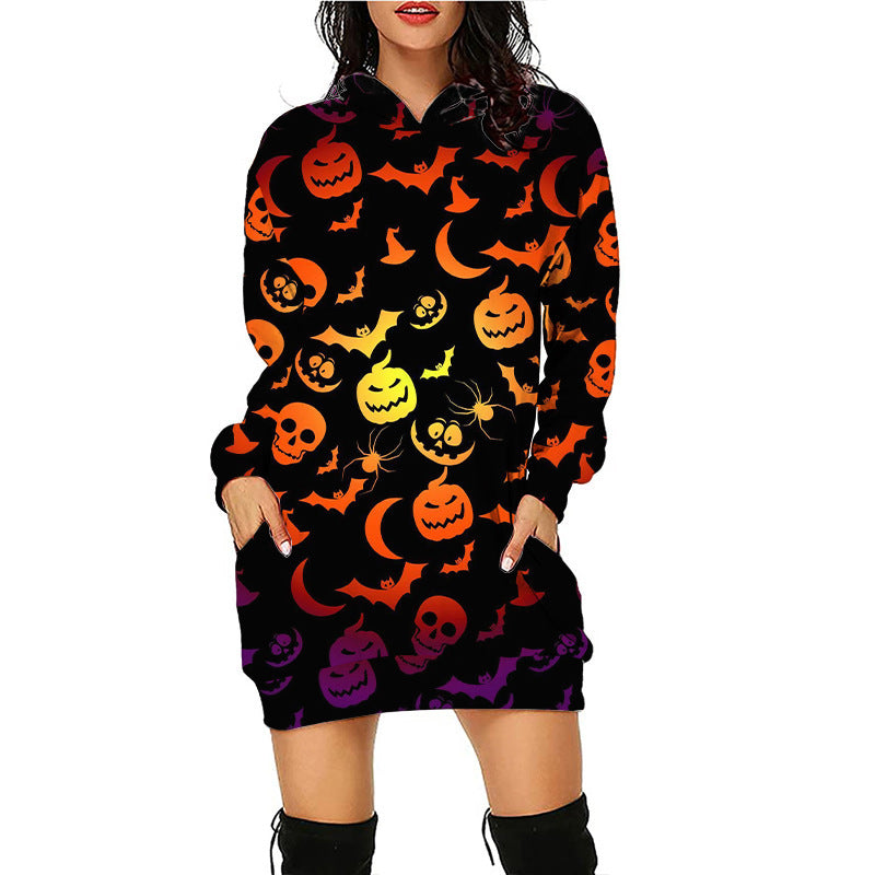 Halloween print mid-length pocket hooded long-sleeved sweatshirt for women's - FashionistaDeal