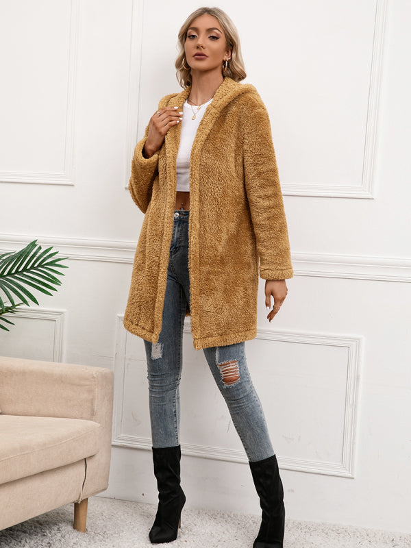 Women's Lamb Fleece Mid Length Cardigan Hooded Trench Coat - FashionistaDeal