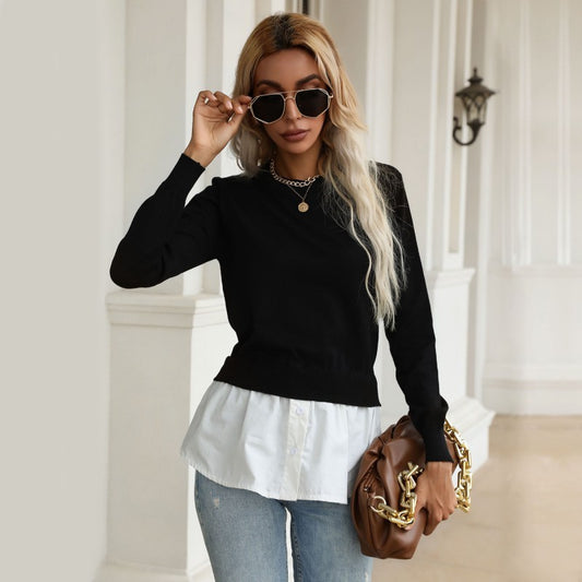 Women's slim knitted stitching shirt fake two-piece sweater - FashionistaDeal