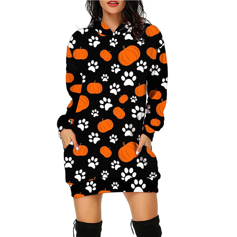 Halloween print mid-length pocket hooded long-sleeved sweatshirt for women's - FashionistaDeal