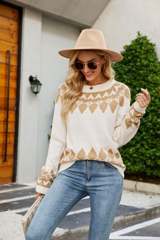 Women's Vintage Jacquard Sweater Round Neck Long Sleeve Pullover Sweater - FashionistaDeal