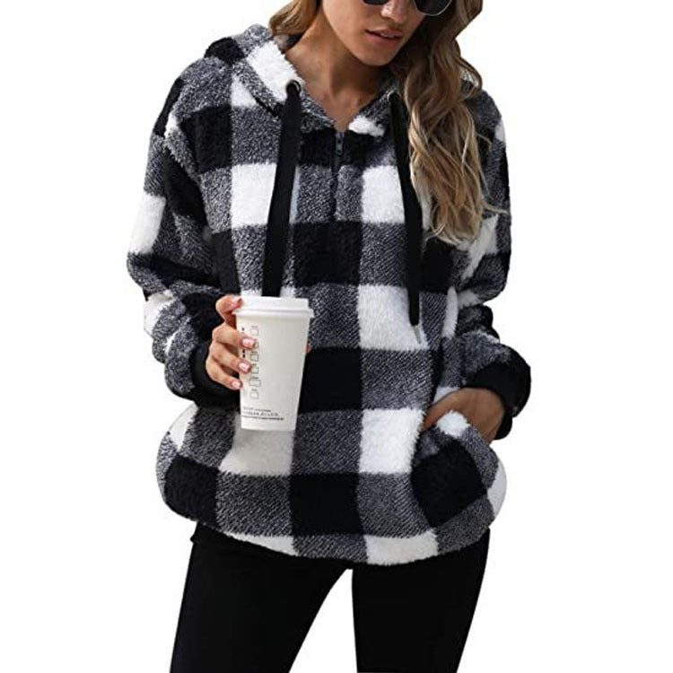 Long sleeve hooded plaid plush women's sweatshirt - FashionistaDeal