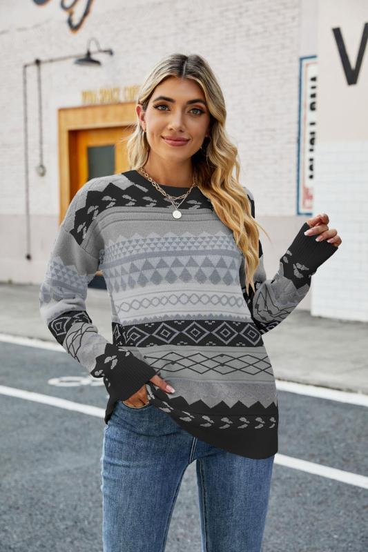 Women's retro pattern diamond jacquard multi-color patchwork sweater loose round neck pullover sweater - FashionistaDeal