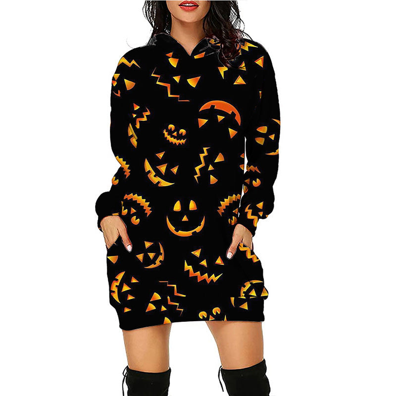 Halloween print mid-length pocket hooded long-sleeved sweatshirt for women's - FashionistaDeal