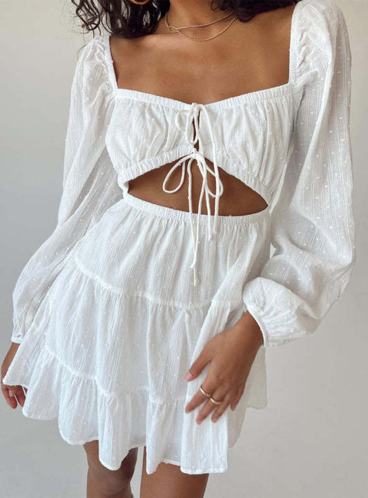 Women's elegant square-neck long-sleeved lace-up hollow short white dress - FashionistaDeal