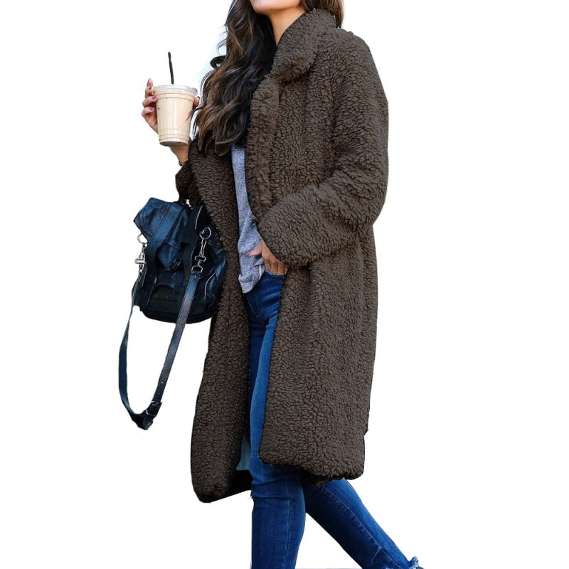 Women's loose long sleeve lapel plush jacket - FashionistaDeal