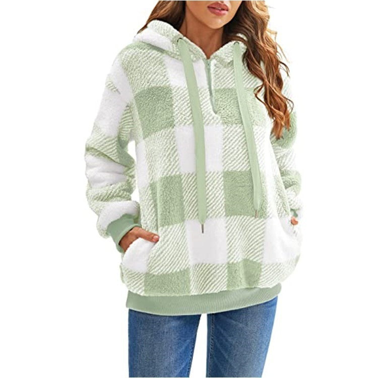 Long sleeve hooded plaid plush women's sweatshirt - FashionistaDeal