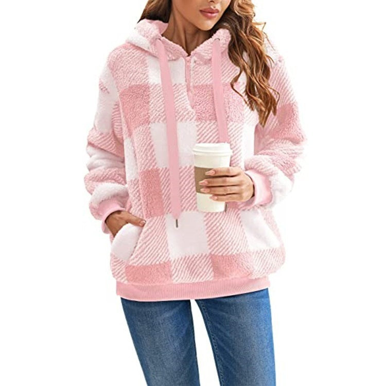 Long sleeve hooded plaid plush women's sweatshirt - FashionistaDeal