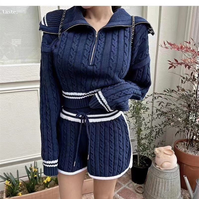 Women's Twist Knit Sweater Large Lapel Short High Waist Drawstring Waist Contrast Color Trim Suit - FashionistaDeal