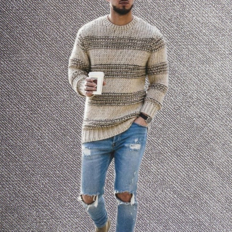 Men's fitted striped round neck long sleeve knitted sweater - FashionistaDeal