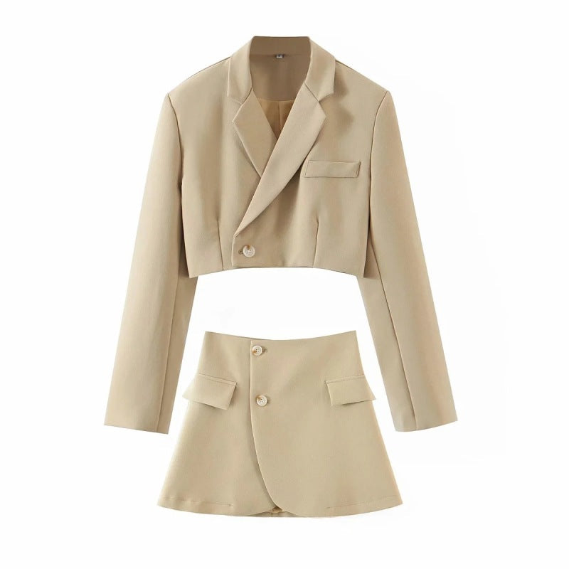 Women's diagonal button short blazer + high waist pocket skirt suit