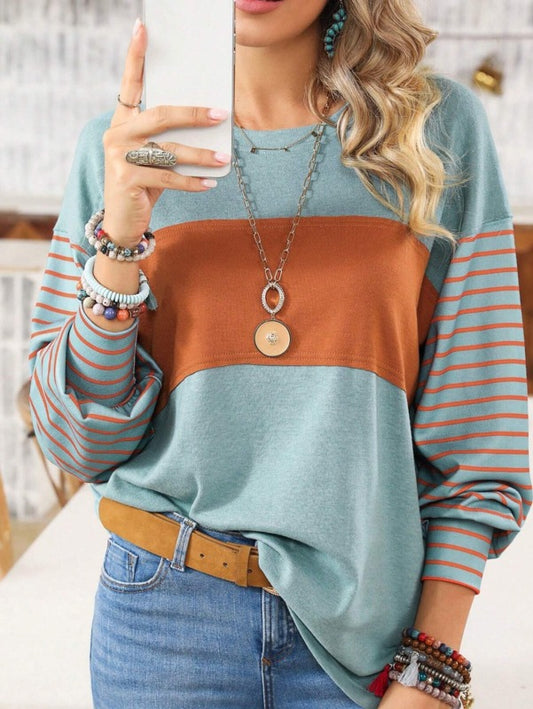 Women's Pullover round neck casual striped contrast long-sleeved T-shirt - FashionistaDeal