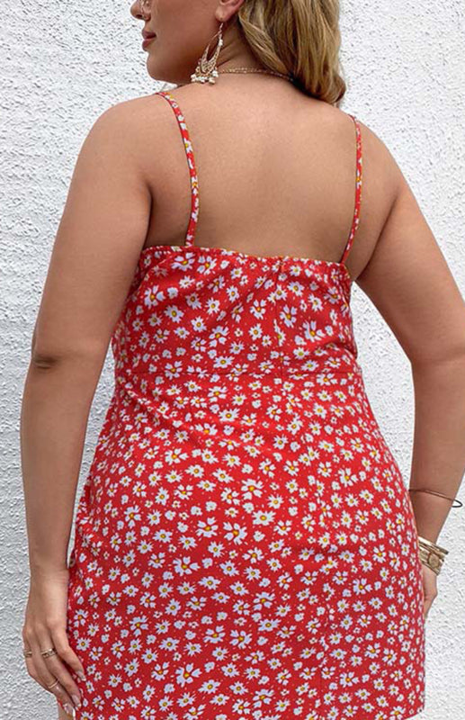 Women's Plus Size Floral Slit Sling Short Dress - FashionistaDeal