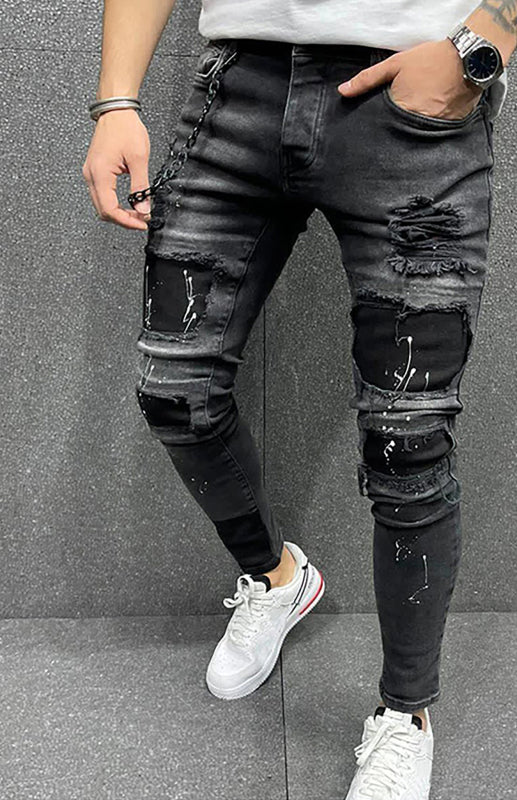 Men's Fashion Mid Waist Ripped Slim Jeans - FashionistaDeal