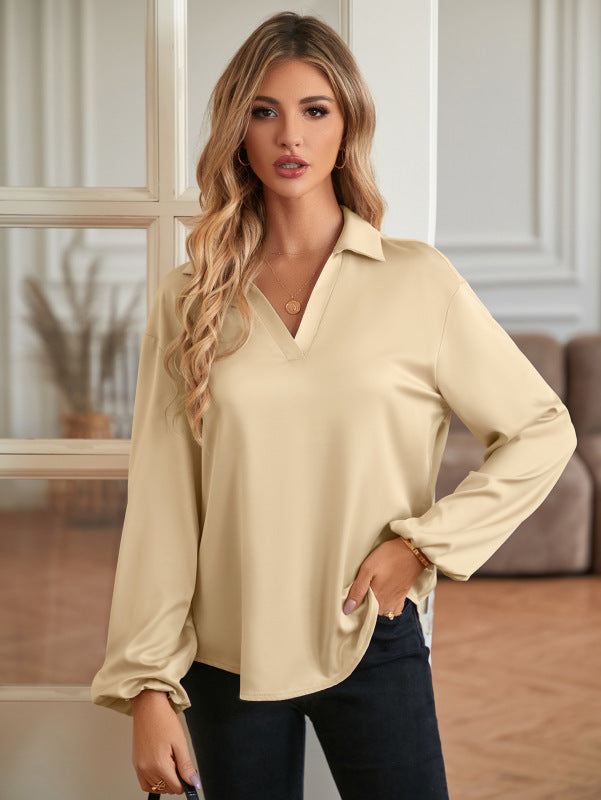 Women's loose V-neck knotted long-sleeved trendy blouse - FashionistaDeal