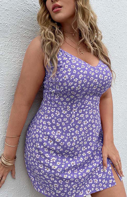 Women's Plus Size Floral Slit Sling Short Dress - FashionistaDeal