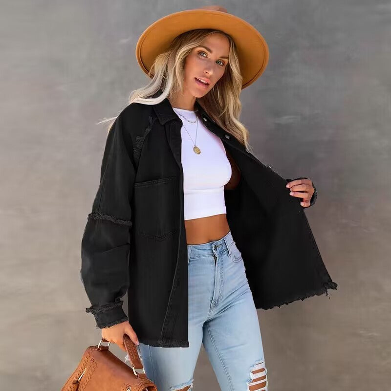 Casual Fringed Ripped Loose Denim Jacket - FashionistaDeal