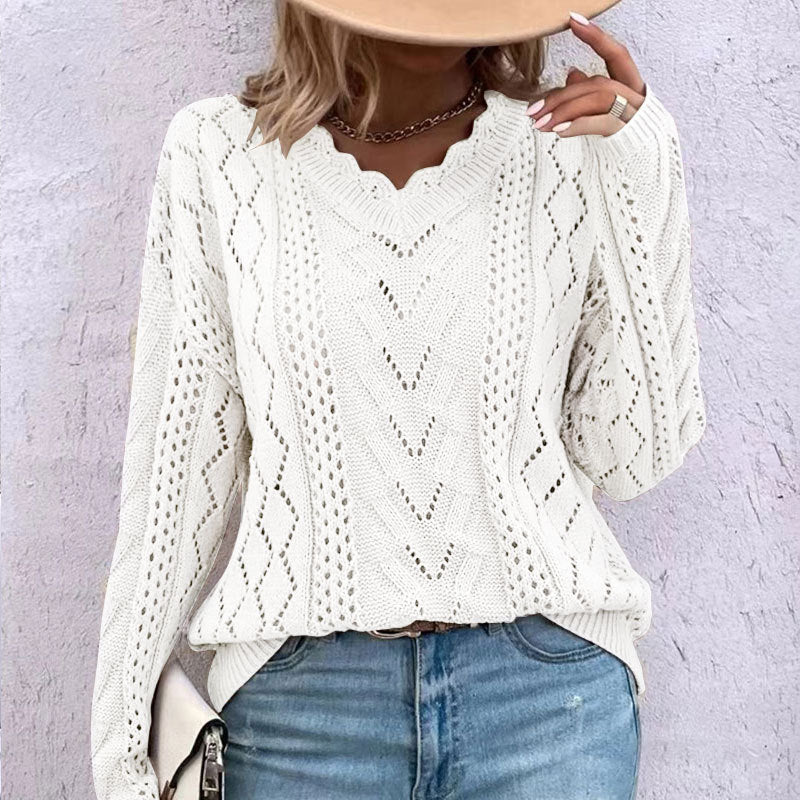 Women's lazy style knitted sweater design hollow V-neck versatile top - FashionistaDeal