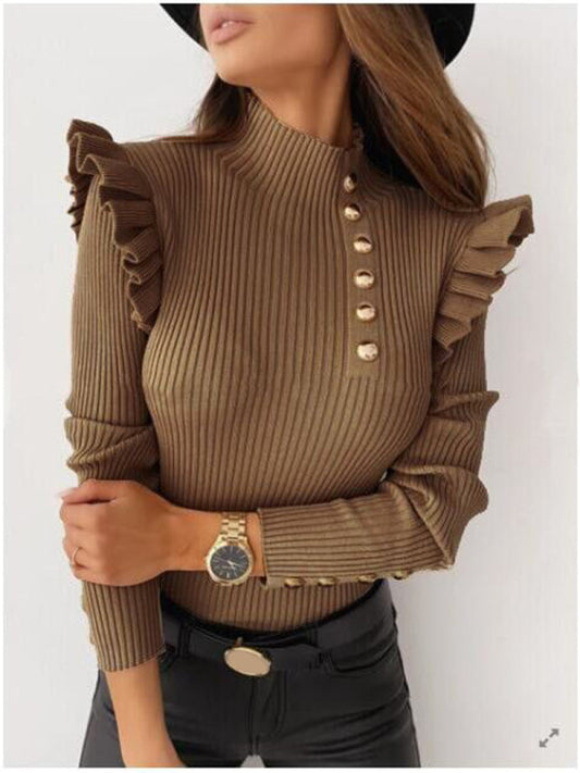 Women's Ruffled Long Sleeve Button Bottoming Knitted Top - FashionistaDeal