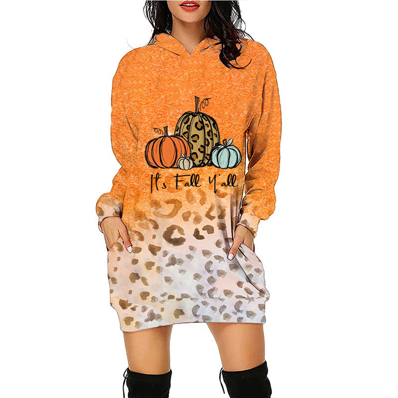 Halloween print mid-length pocket hooded long-sleeved sweatshirt for women's - FashionistaDeal