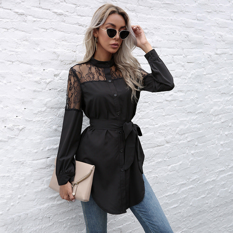 Women's Long round neck, long sleeves and waisted black patchwork lace shirt - FashionistaDeal