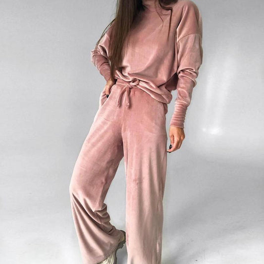 Women high-neck long-sleeved top drawstring trousers suit - FashionistaDeal