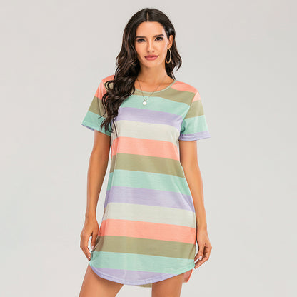 Women's Short Sleeve Rainbow Striped Loose T-Shirt Pyjama Sets - FashionistaDeal