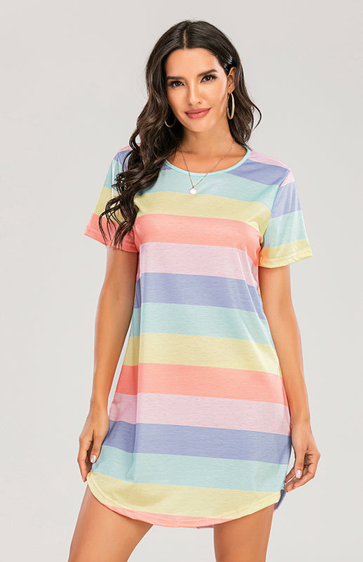 Women's Short Sleeve Rainbow Striped Loose T-Shirt Pyjama Sets - FashionistaDeal