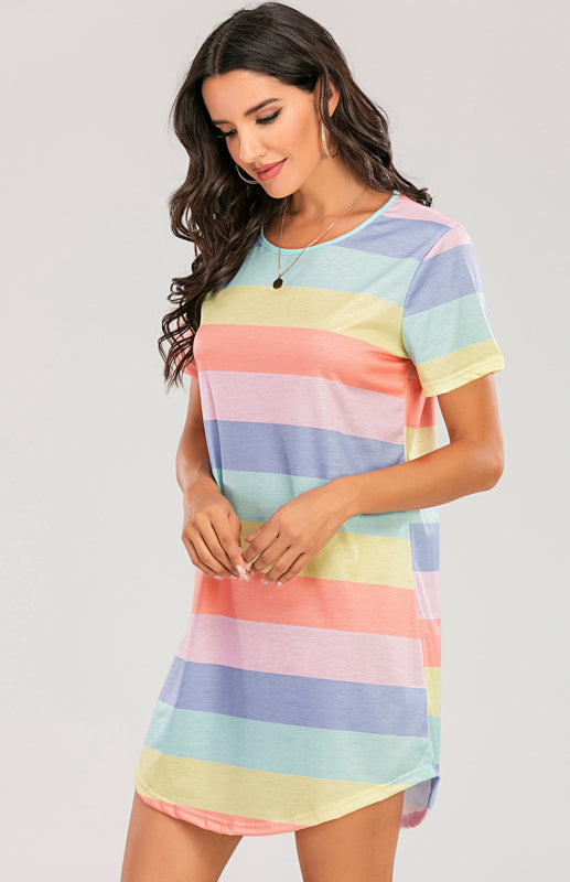 Women's Short Sleeve Rainbow Striped Loose T-Shirt Pyjama Sets - FashionistaDeal