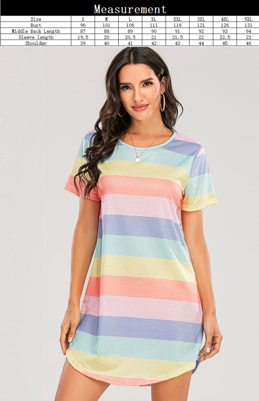 Women's Short Sleeve Rainbow Striped Loose T-Shirt Pyjama Sets - FashionistaDeal