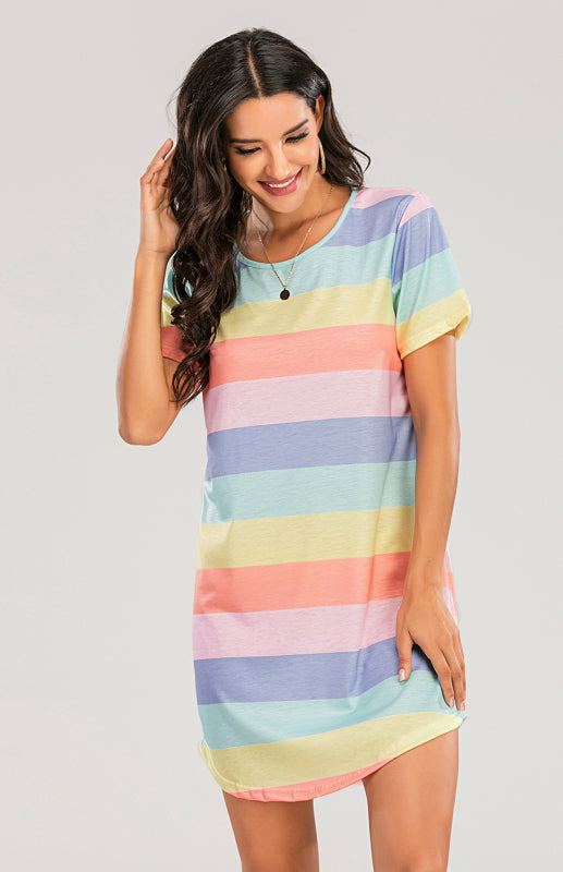 Women's Short Sleeve Rainbow Striped Loose T-Shirt Pyjama Sets - FashionistaDeal