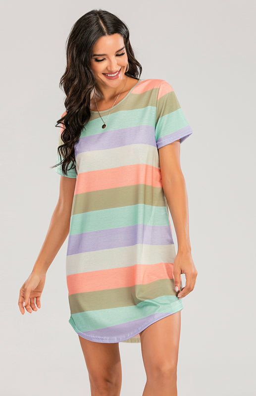 Women's Short Sleeve Rainbow Striped Loose T-Shirt Pyjama Sets - FashionistaDeal