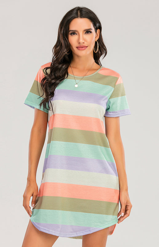 Women's Short Sleeve Rainbow Striped Loose T-Shirt Pyjama Sets - FashionistaDeal