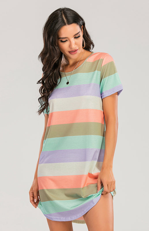 Women's Short Sleeve Rainbow Striped Loose T-Shirt Pyjama Sets - FashionistaDeal