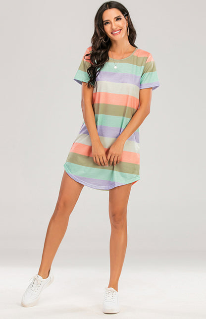 Women's Short Sleeve Rainbow Striped Loose T-Shirt Pyjama Sets - FashionistaDeal