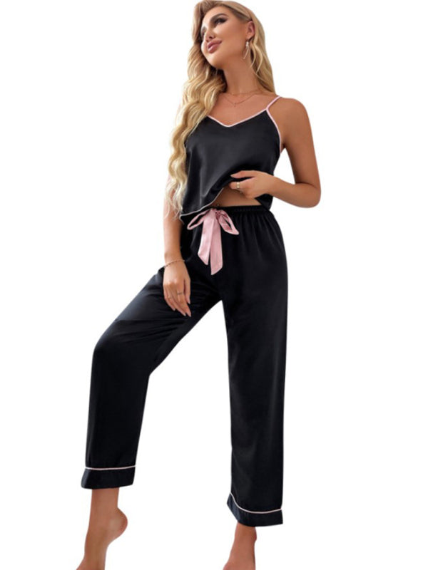 Women's V-neck Pajama Camisole And Pajama Pants With Pink Trim 2 Pieces Sets - FashionistaDeal