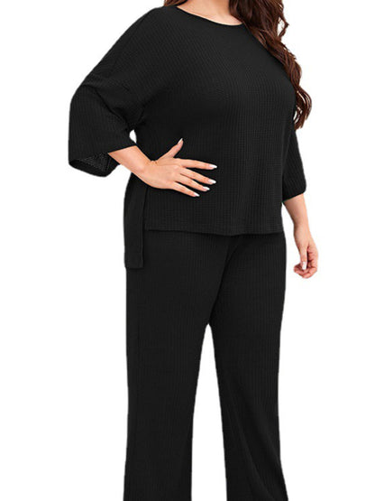 Plus Size Women's Casual Three-quarter Sleeve Trousers Two-piece Homewear - FashionistaDeal