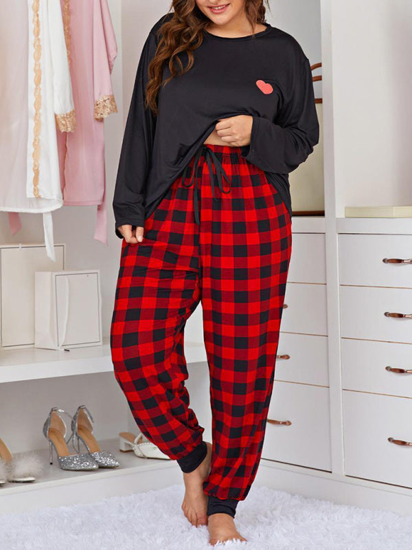 Plus Size Women's Long Sleeve Plaid Trousers Home Pajamas Set - FashionistaDeal