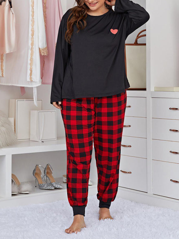 Plus Size Women's Long Sleeve Plaid Trousers Home Pajamas Set - FashionistaDeal