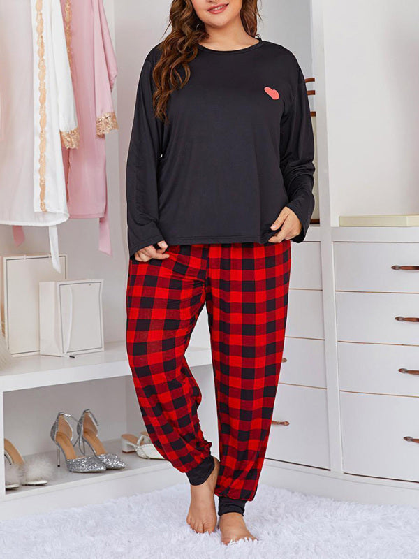 Plus Size Women's Long Sleeve Plaid Trousers Home Pajamas Set - FashionistaDeal