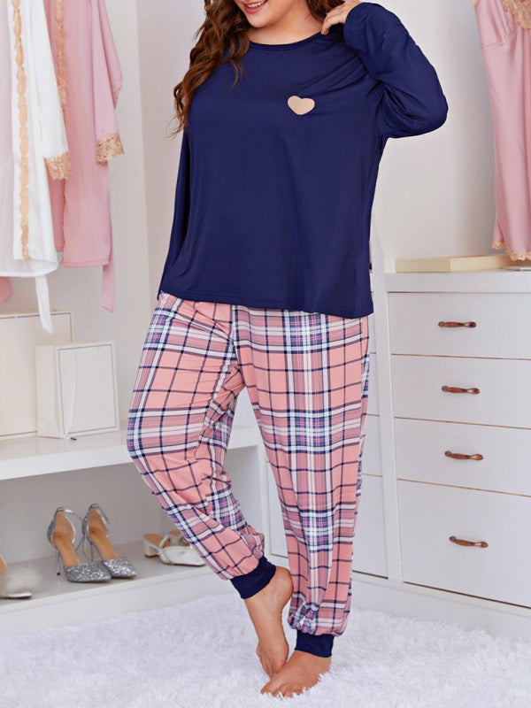 Plus Size Women's Long Sleeve Plaid Trousers Home Pajamas Set - FashionistaDeal