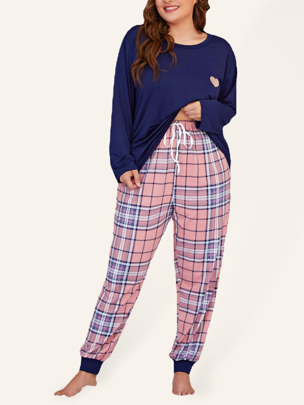 Plus Size Women's Long Sleeve Plaid Trousers Home Pajamas Set - FashionistaDeal