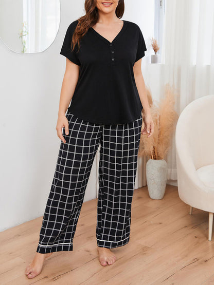 Plus size women's V-neck short-sleeved T-shirt plaid trousers home pajamas set - FashionistaDeal