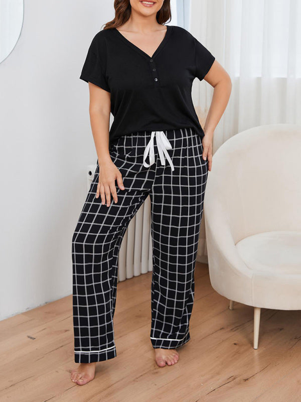 Plus size women's V-neck short-sleeved T-shirt plaid trousers home pajamas set - FashionistaDeal