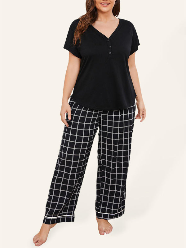 Plus size women's V-neck short-sleeved T-shirt plaid trousers home pajamas set - FashionistaDeal