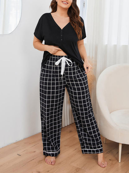 Plus size women's V-neck short-sleeved T-shirt plaid trousers home pajamas set - FashionistaDeal